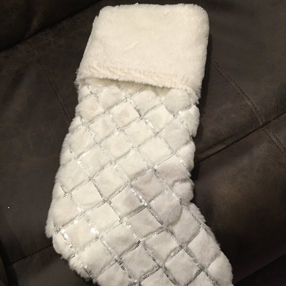 White Faux Fur Silver Trim Christmas Stocking 17 Inch New  Br1